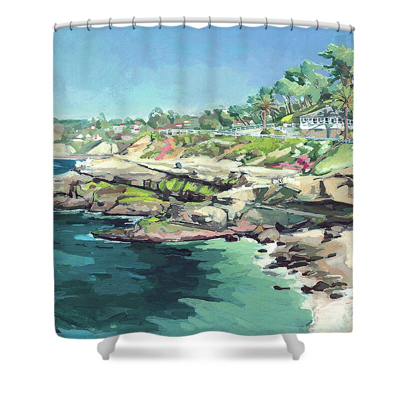 Brockton Villa Shower Curtain featuring the painting La Jolla Cove at Brockton Villa San Diego California by Paul Strahm