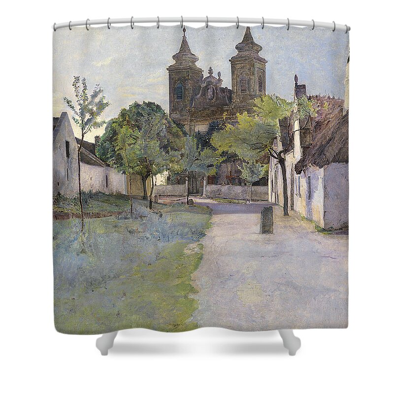 Wilhelm Bernatzik View Of Church Forecourt Shower Curtain featuring the painting View of Church Forecourt by Wilhelm Bernatzik