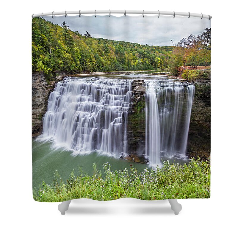 Waterfall Shower Curtain featuring the photograph View of Letchworth Middle Falls by Karen Jorstad