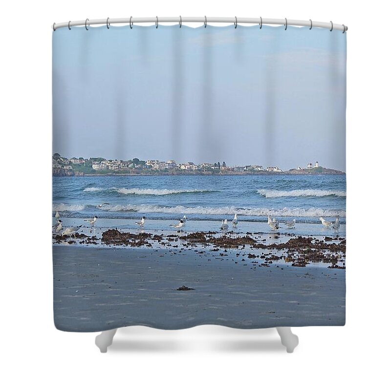 York Maine Shower Curtain featuring the photograph View of Nubble Lighthouse from Long Sands Beach York Maine 2 by Michael Saunders