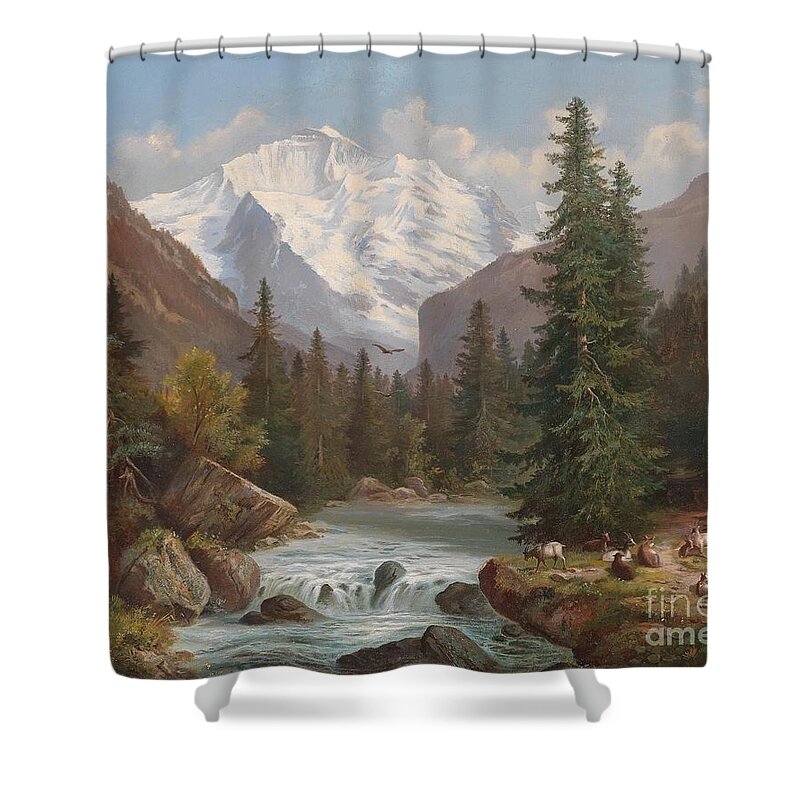Hubert Sattler (vienna 1817-1904) View Of The Jungfrau Shower Curtain featuring the painting View of the Jungfrau by MotionAge Designs