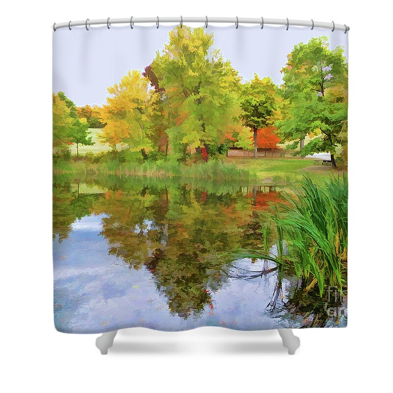      America Shower Curtain featuring the painting View of the pond at the Olana State Historic Site 11 by Jeelan Clark