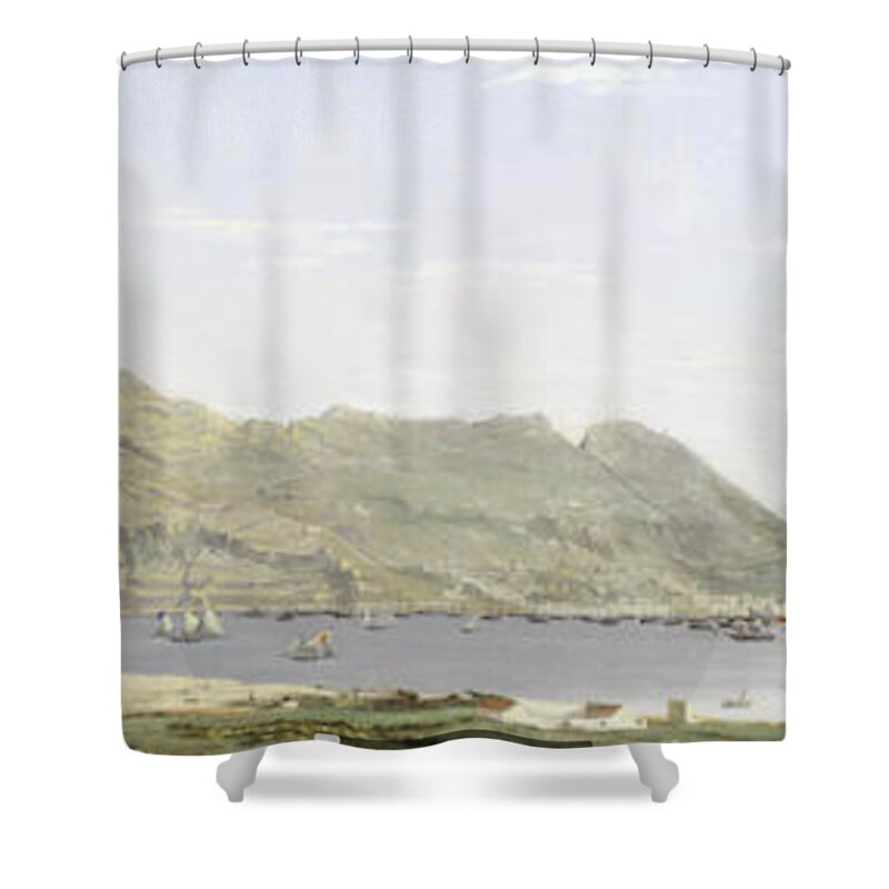 Attributed To Thomas Ender (austrian Shower Curtain featuring the painting View of the Rock of Gibraltar from the mainland by MotionAge Designs