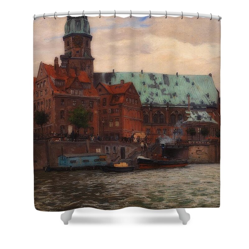Painting Shower Curtain featuring the painting View Of The St. Katharine Church In Hamburg by Mountain Dreams