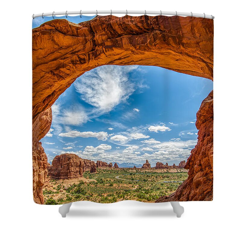 Arches National Park Shower Curtain featuring the photograph View Through Double Arch by James Udall