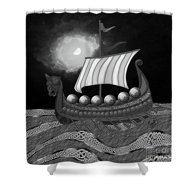 Ancient Ship Shower Curtain featuring the digital art Viking Ship_BW by Megan Dirsa-DuBois