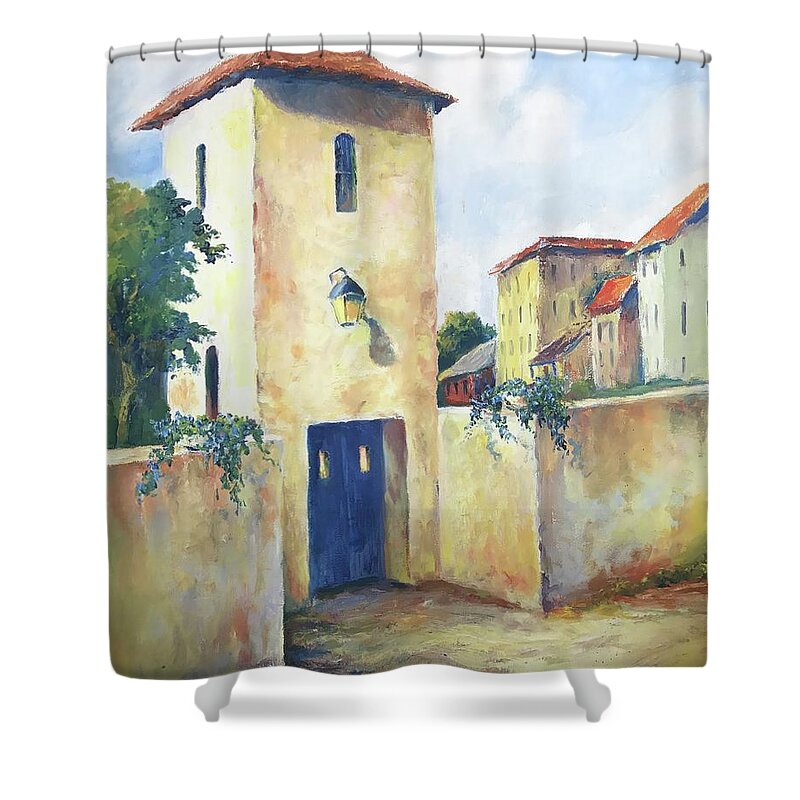 Italian Shower Curtain featuring the painting Tuscan Villa with a Blue Door by ML McCormick