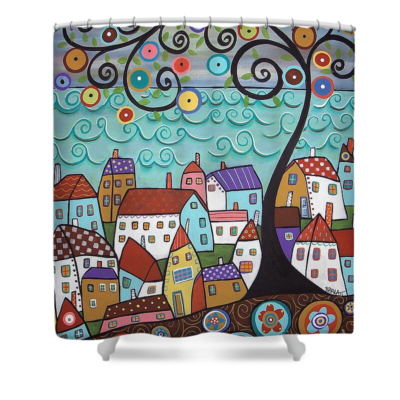 Seascape Shower Curtain featuring the painting Village By The Sea by Karla Gerard
