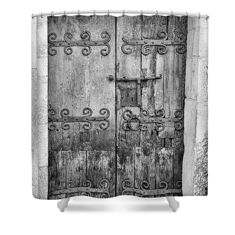 France Shower Curtain featuring the photograph Villefranche de Conflent Old Door Black White France by Chuck Kuhn