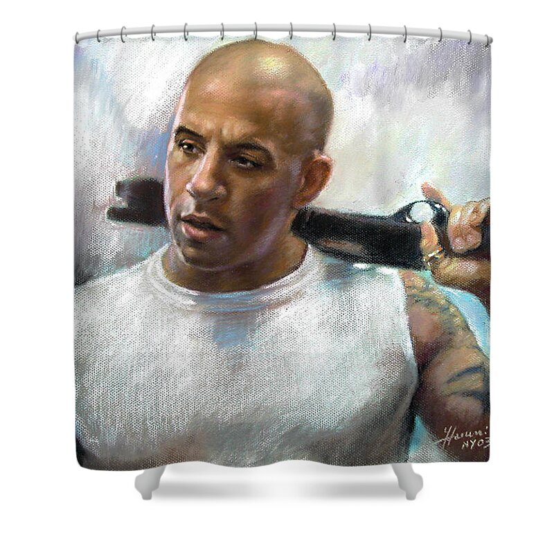 Vin Diesel Shower Curtain featuring the pastel Vin Diesel by Ylli Haruni