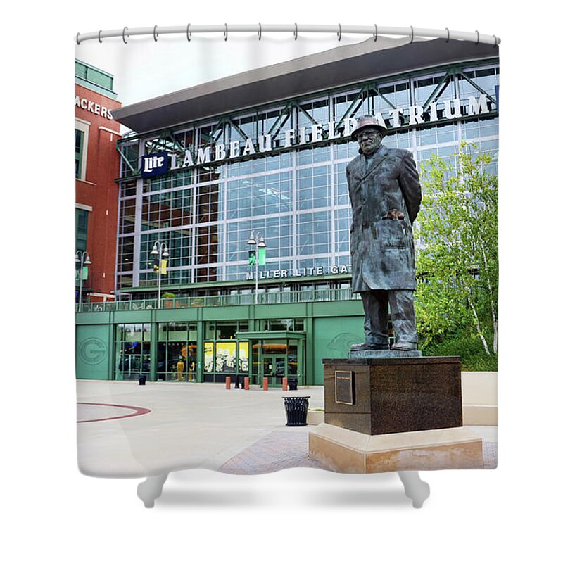 Vince Lombardi Shower Curtain featuring the photograph Vince Lombardi Statue at Lambeau Field 4430 by Jack Schultz