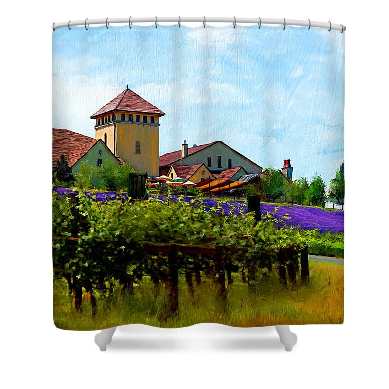 Agriculture Shower Curtain featuring the digital art Vineyard and heather by Debra Baldwin