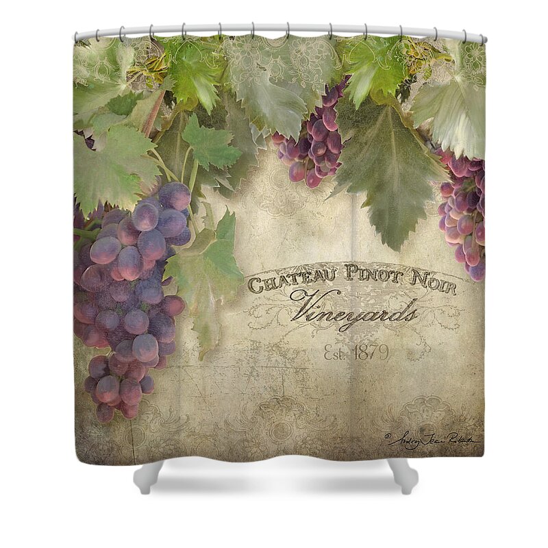 Pinot Noir Grapes Shower Curtain featuring the painting Vineyard Series - Chateau Pinot Noir Vineyards Sign by Audrey Jeanne Roberts