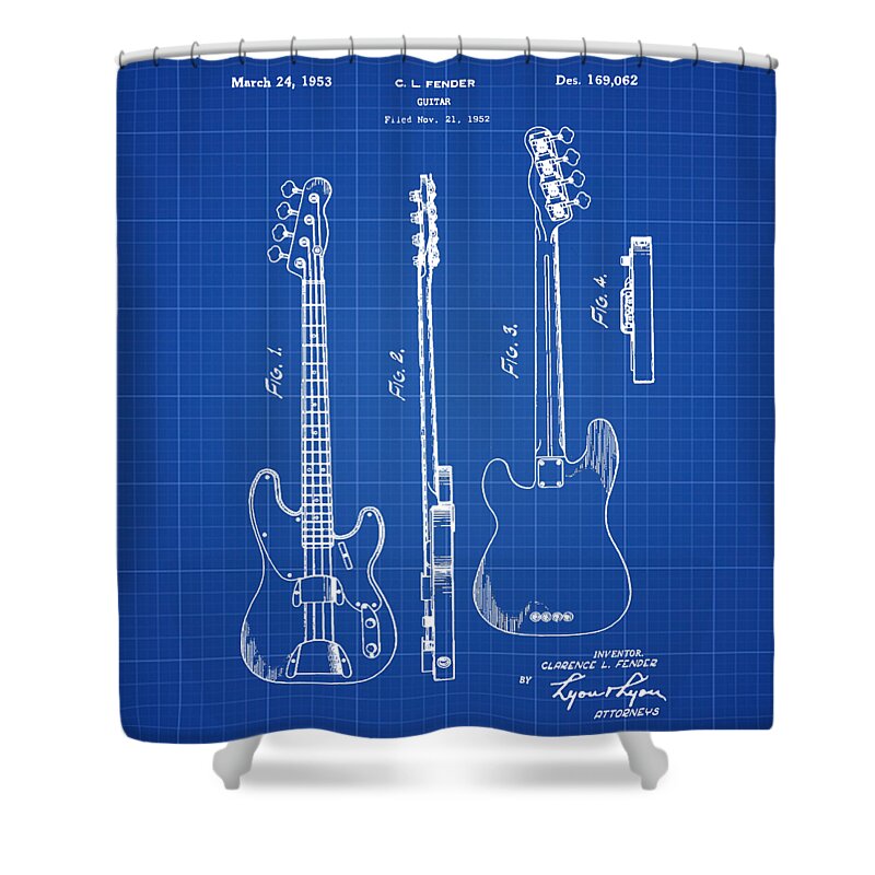 Vintage Shower Curtain featuring the photograph Vintage 1953 Fender Base Blueprint Patent by Bill Cannon