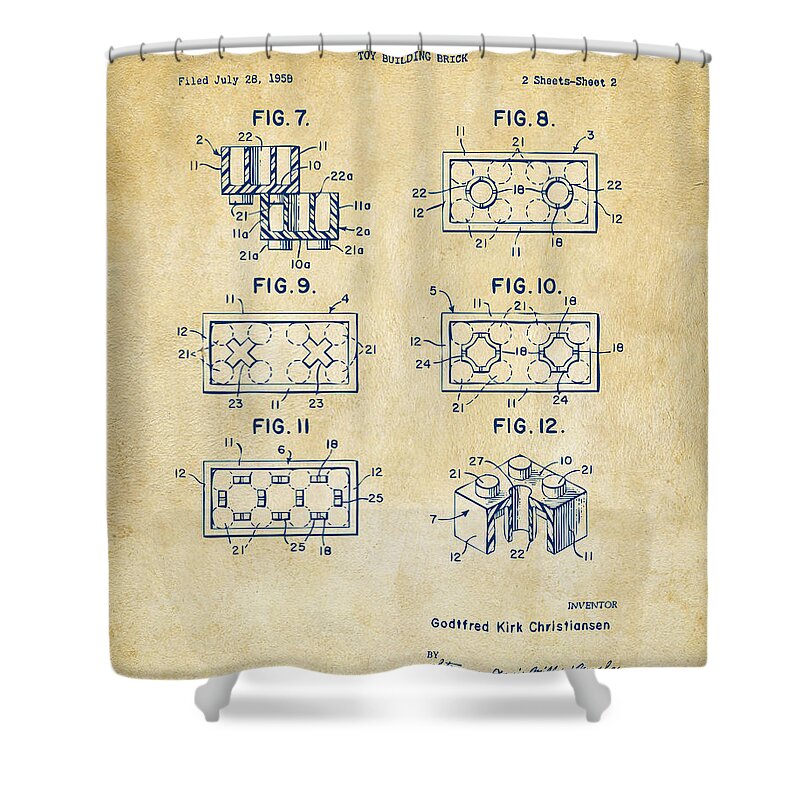 Toy Shower Curtain featuring the digital art Vintage 1961 LEGO Brick Patent Art by Nikki Marie Smith