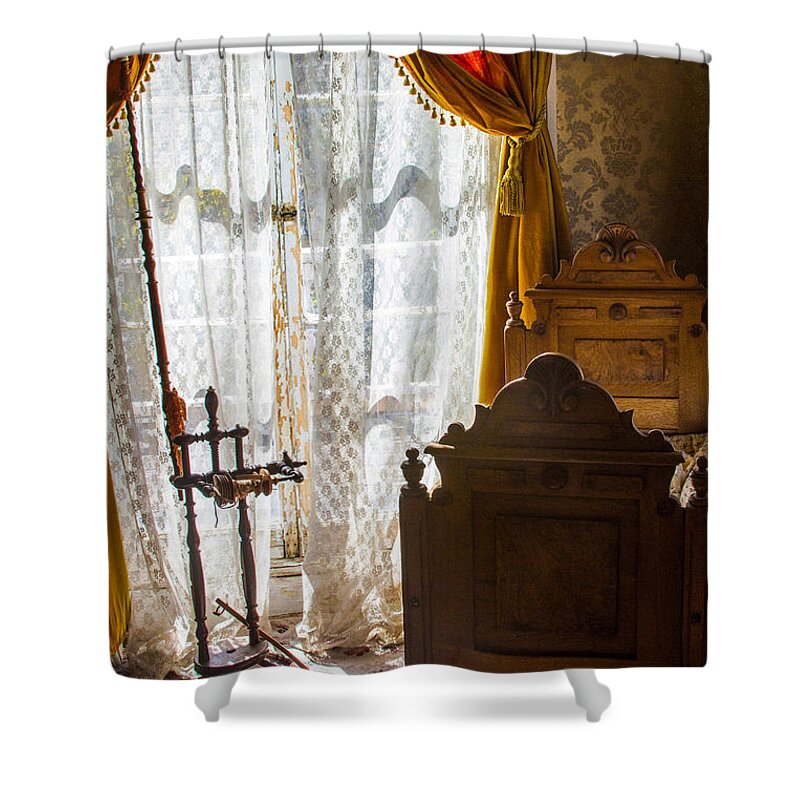 Bonnie Follett Shower Curtain featuring the photograph Vintage Baby Crib, Spindle and Window by Bonnie Follett