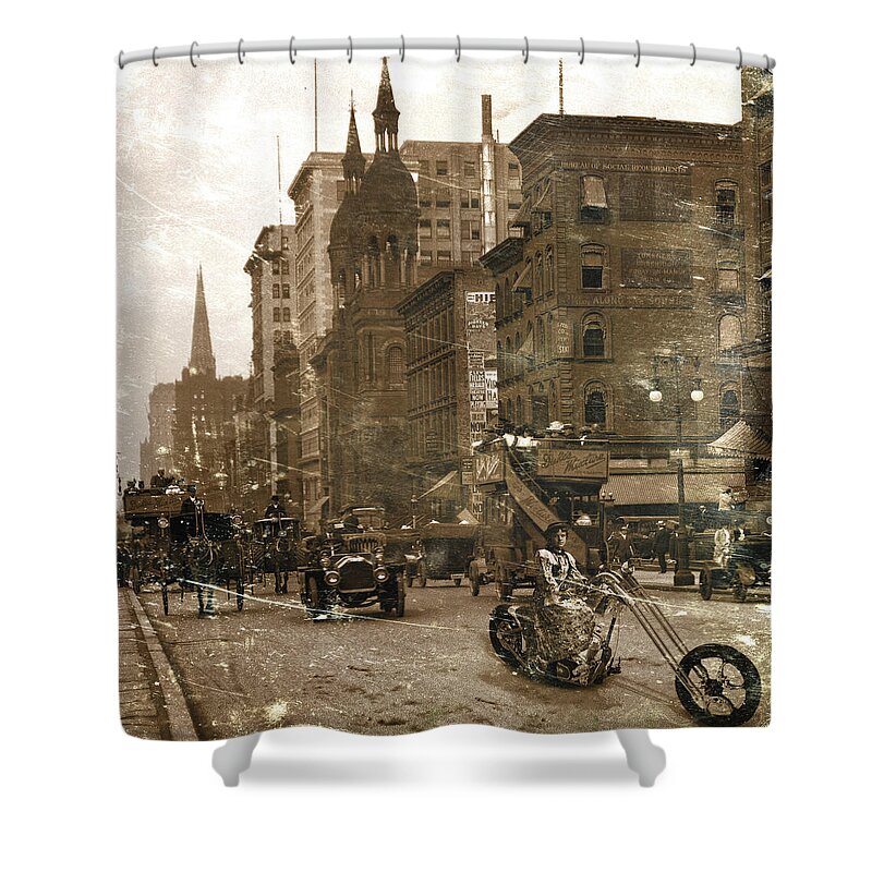 Vintage Shower Curtain featuring the digital art Vintage Bike Lady by Marian Voicu