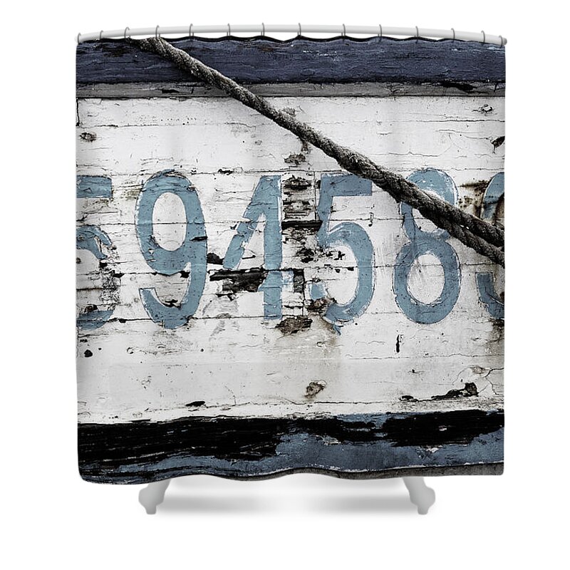 Fishing Boat Shower Curtain featuring the photograph Vintage Boat Number by Toni Hopper