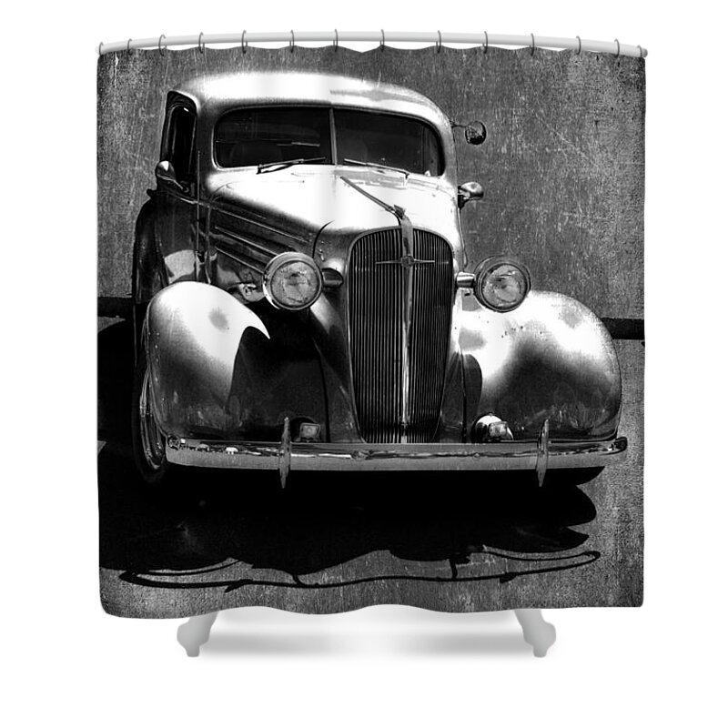 Vintage Shower Curtain featuring the mixed media Vintage Car Art 0443 BW by Lesa Fine