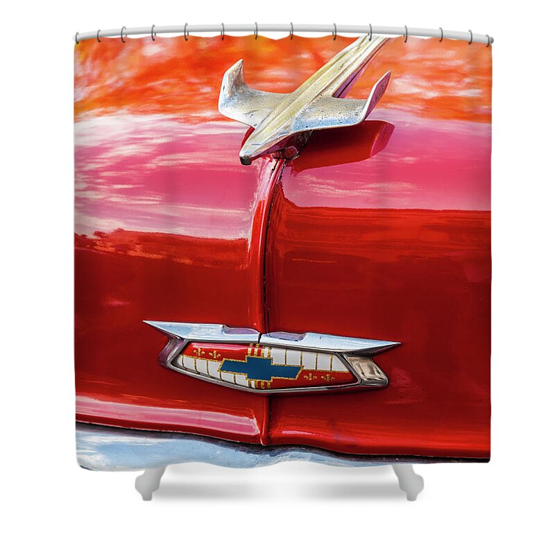 Vintage Chevy Hood Ornament Havana Cuba Photography By Charles Harden Red Candy Apple Smooth Chrome Antique Jet Plane Glossy Gloss Shower Curtain featuring the photograph Vintage Chevy Hood Ornament Havana Cuba by Charles Harden