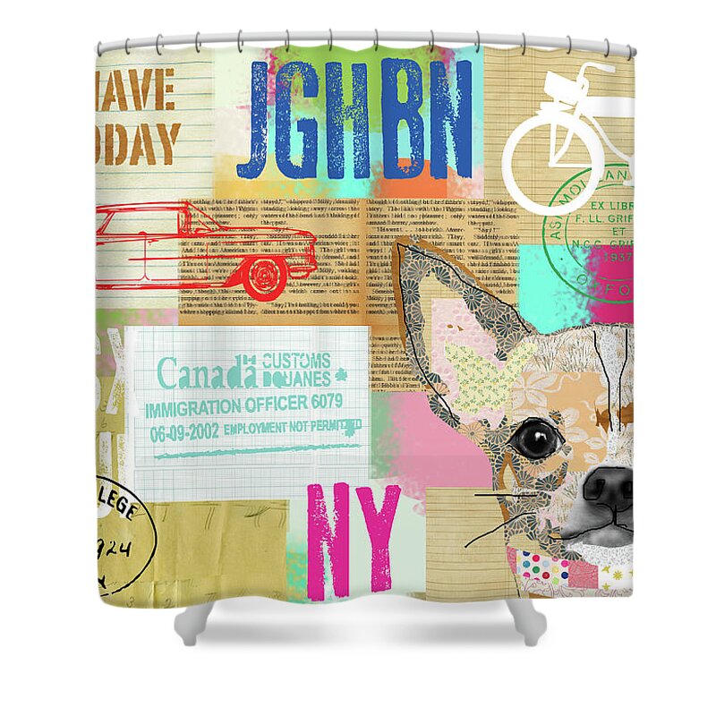 Vintage Collage Chihuahua Shower Curtain featuring the mixed media Vintage Collage Chihuahua by Claudia Schoen