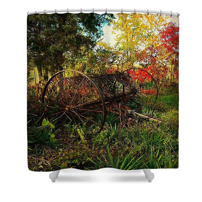 Farm Shower Curtain featuring the photograph Vintage Hay Rake by Chris Berry