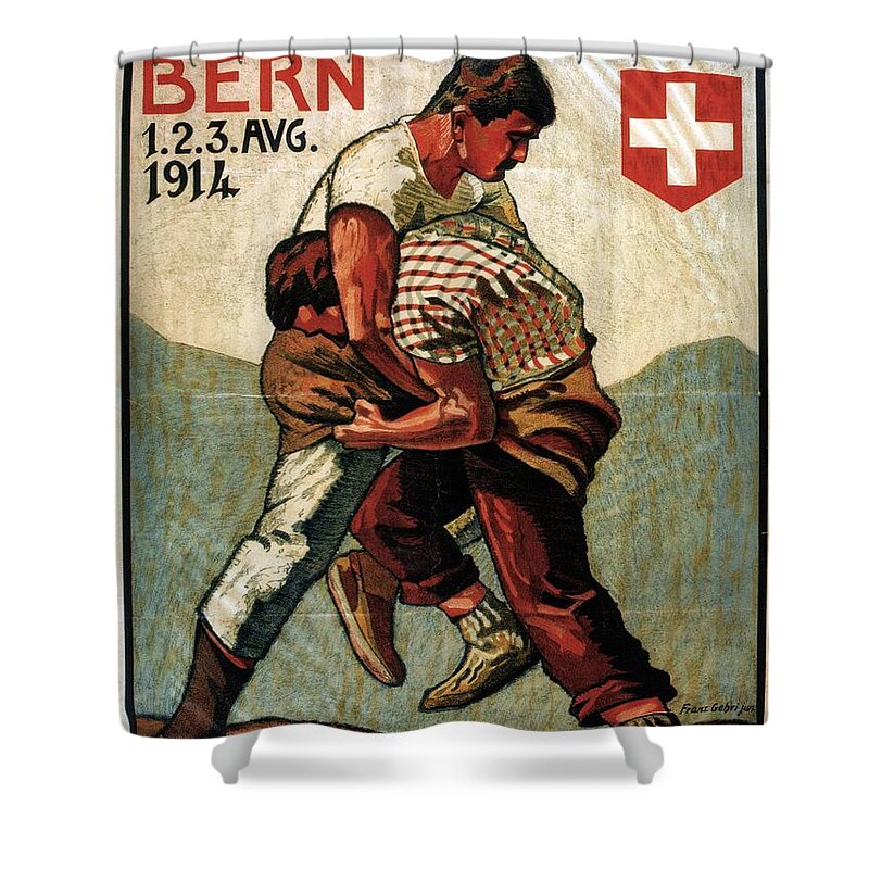 Two Men Wrestling Shower Curtain featuring the painting Vintage Illustrated Poster - Two Men Wrestling - Schwing and Alplerfest - Bern, Switzerland by Studio Grafiikka