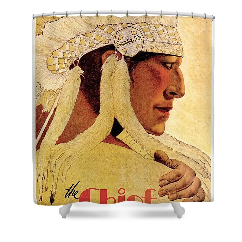 Indian Chief Shower Curtain featuring the painting Vintage Illustration of an Indian Chief - The Chief is still chief - Indian Headgear - Retro Poster by Studio Grafiikka