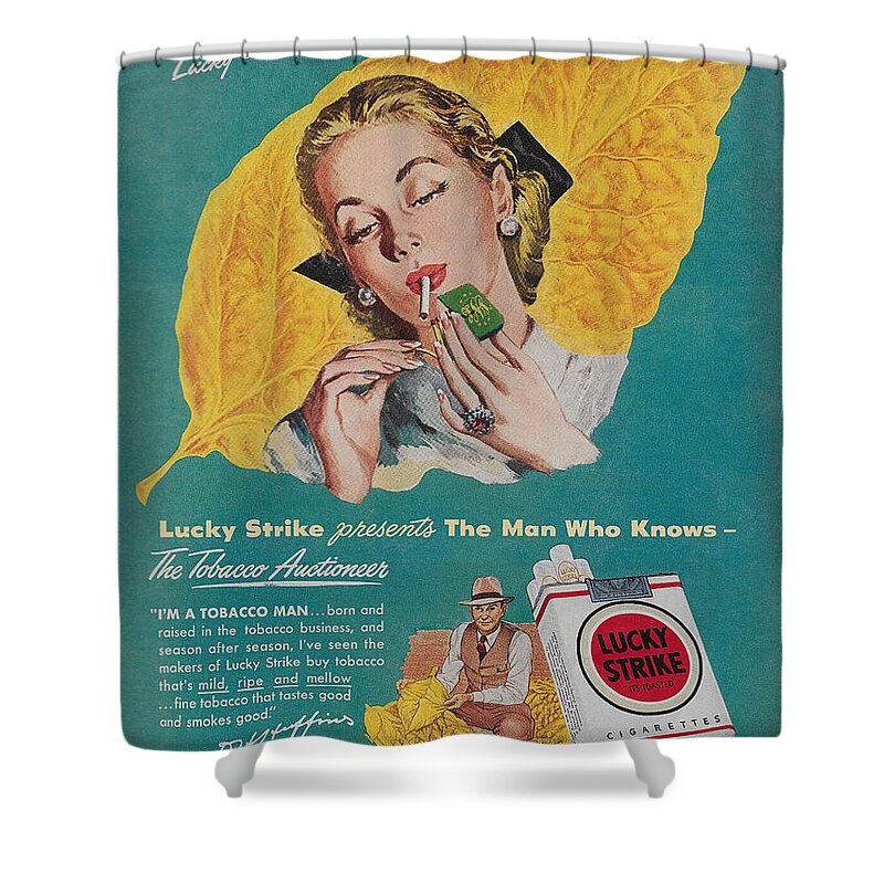 James Smullins Shower Curtain featuring the mixed media Vintage Lucky Strike ad by James Smullins