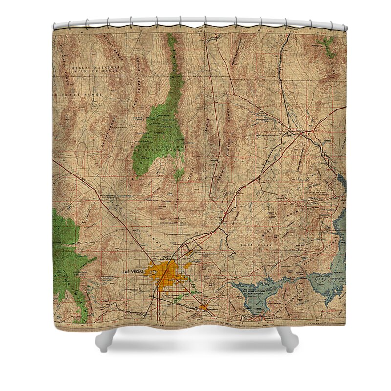 Vintage Shower Curtain featuring the mixed media Vintage Map of Las Vegas Nevada 1969 Aerial View Topography on Distressed Worn Canvas by Design Turnpike