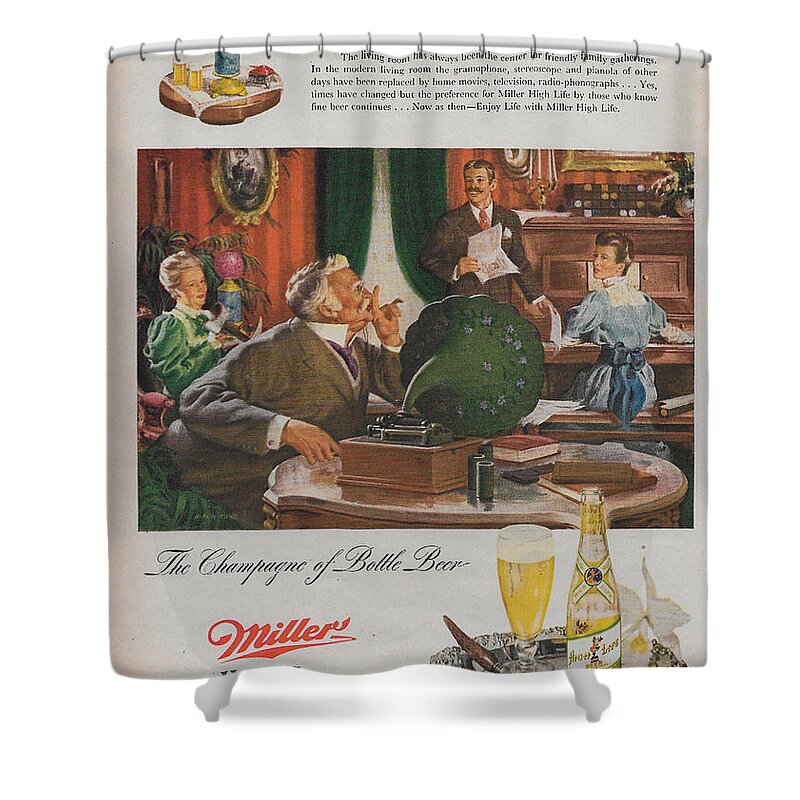 Beer Shower Curtain featuring the mixed media Vintage Miller High Life ad 1949 by James Smullins