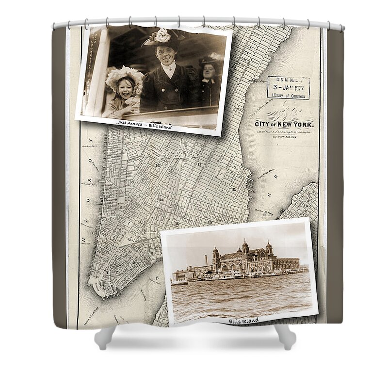 Map Shower Curtain featuring the photograph Vintage New York Map with Ellis Island by Karla Beatty