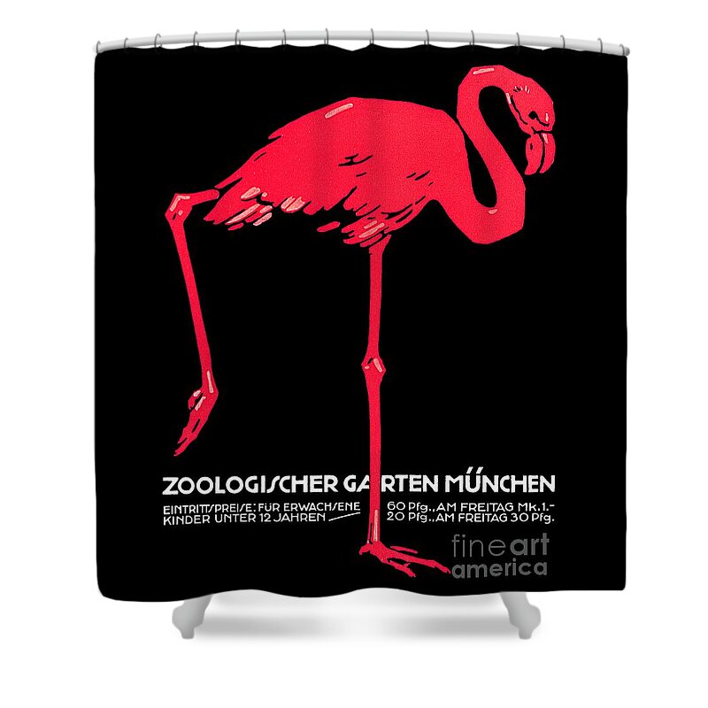 Vintage Shower Curtain featuring the drawing Vintage Pink flamingo Munich Zoo travel ad by Heidi De Leeuw