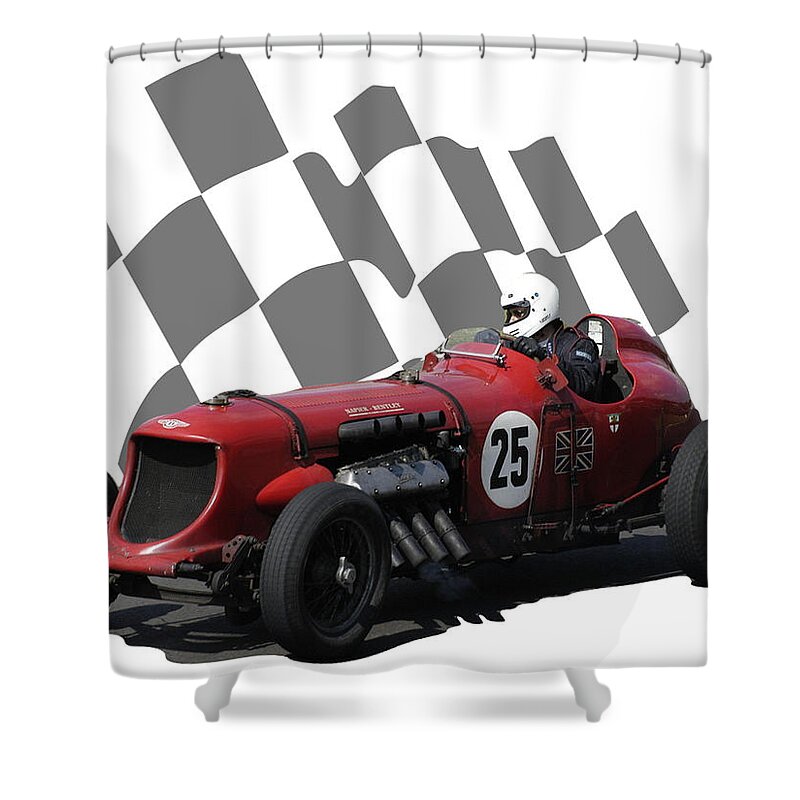 Racing Car Shower Curtain featuring the photograph Vintage Racing Car and Flag 3 by John Colley