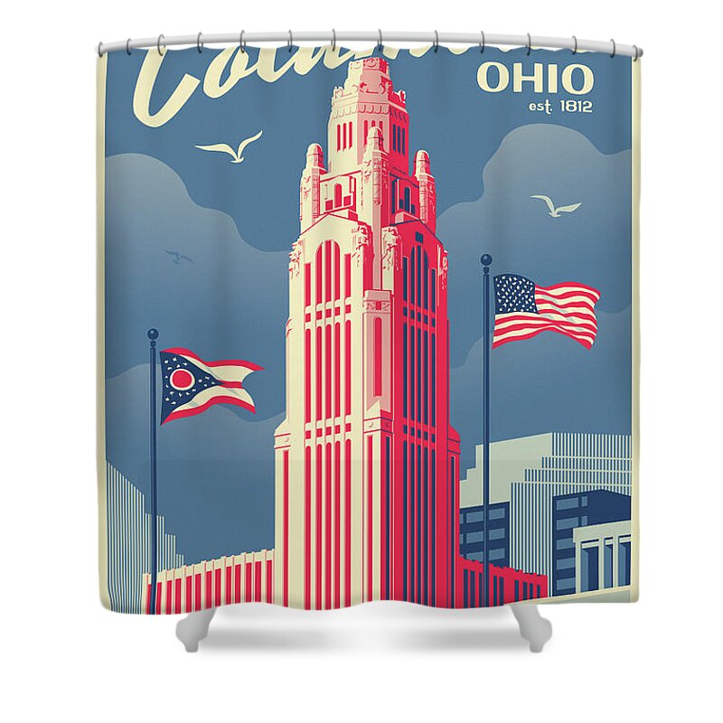 Columbus Shower Curtain featuring the digital art Columbus Poster - Vintage Style Travel by Jim Zahniser