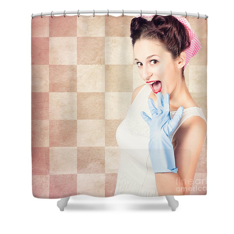 Model Shower Curtain featuring the photograph Vintage surprised pinup woman doing housework by Jorgo Photography