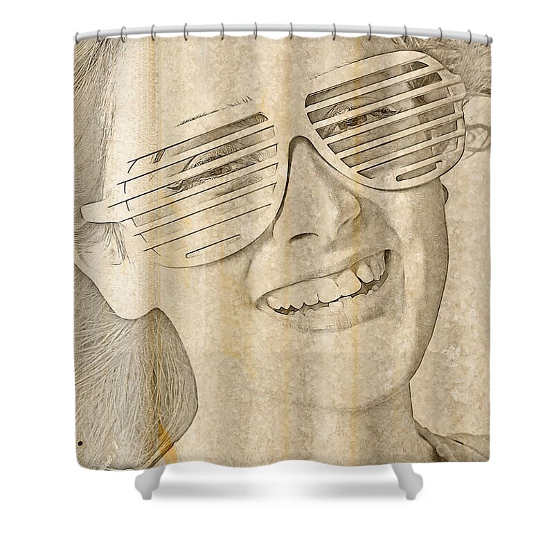 Stencil Shower Curtain featuring the photograph Vintage tin sign pin up by Jorgo Photography