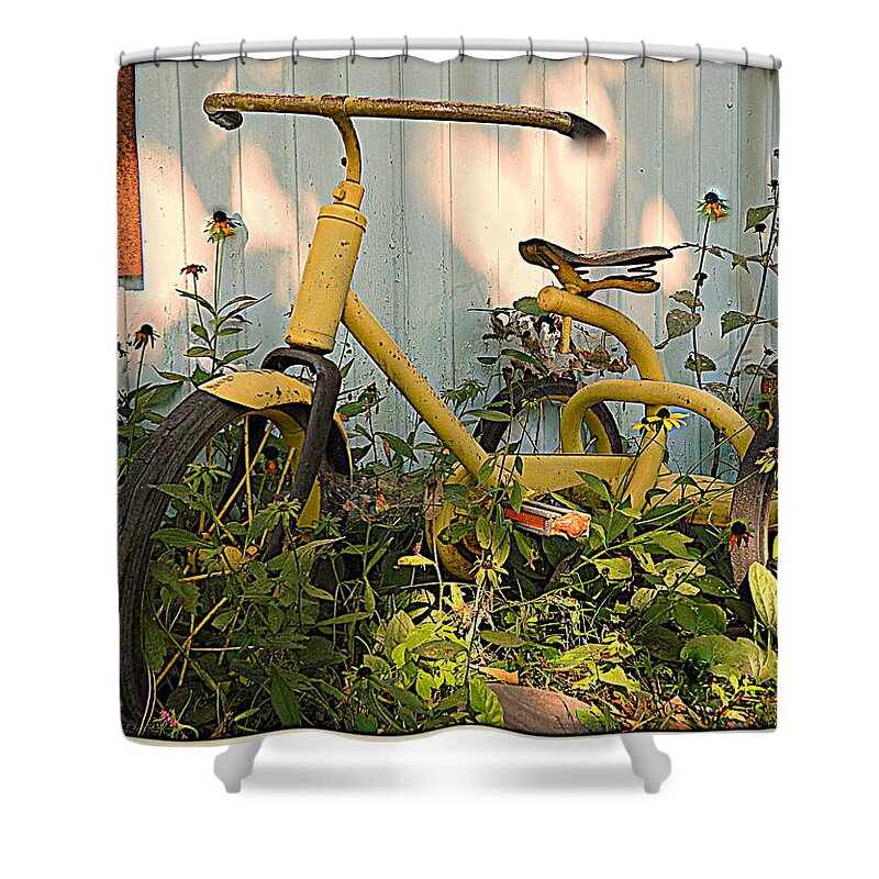 Architecture Shower Curtain featuring the photograph Vintage Tricycle by Kathy Barney