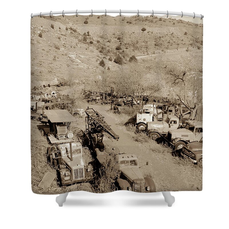 Vintage Shower Curtain featuring the digital art Vintage Truck Yard2 by Darrell Foster