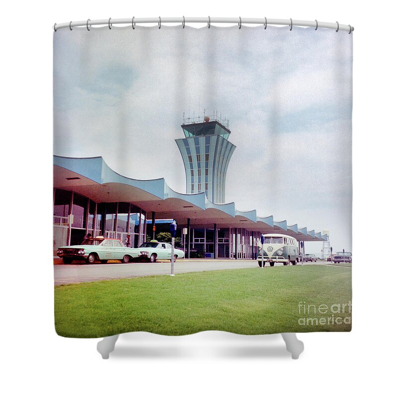 Mueller Airport Shower Curtain featuring the photograph Vintage view of the Robert Mueller Municipal Airport Control Tower by Dan Herron