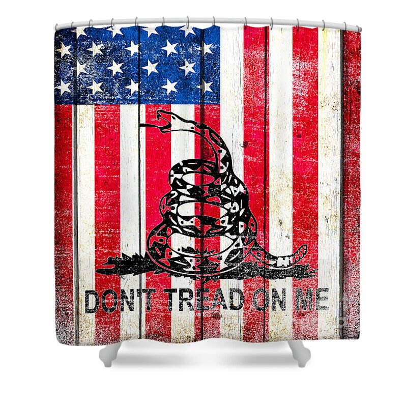 Snake Shower Curtain featuring the digital art Viper on American Flag on Old Wood Planks Vertical by M L C