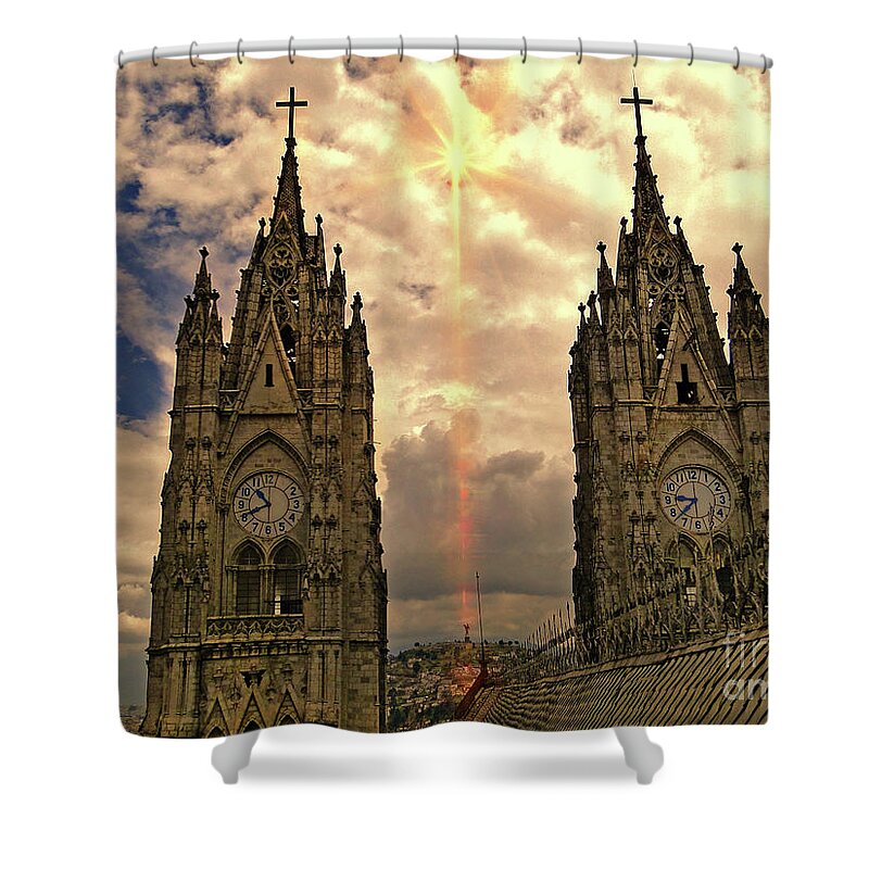 Light Shower Curtain featuring the photograph Virgen de El Panecillo and Basilica del Voto Nacional II by Al Bourassa