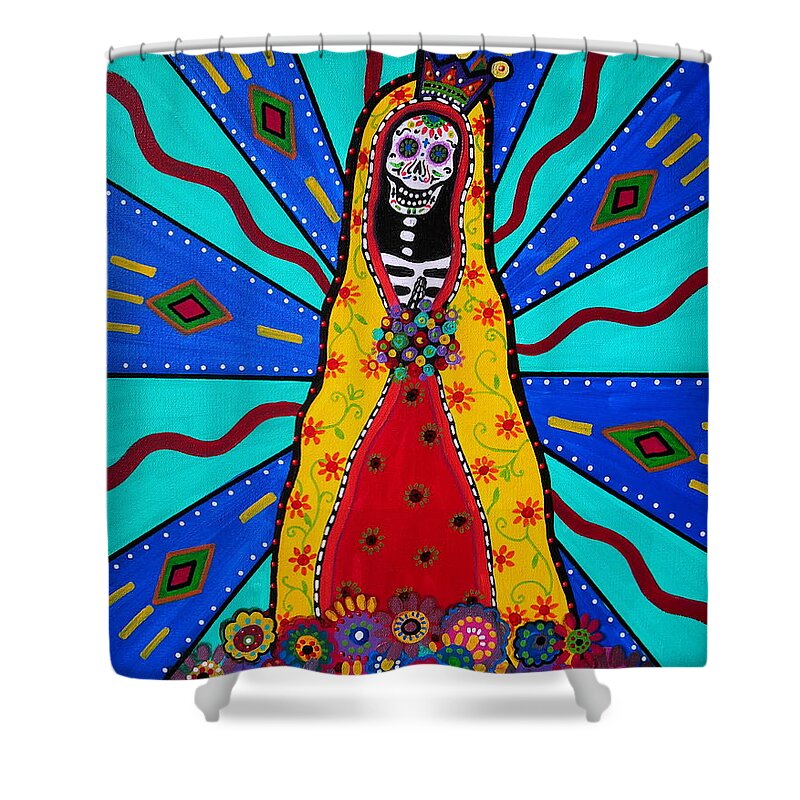 Virgen Shower Curtain featuring the painting Virgen Guadalupe Dia De Los Muertos by Pristine Cartera Turkus