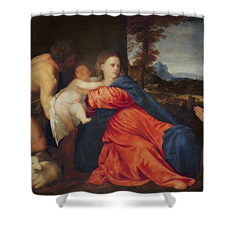 Virgin Shower Curtain featuring the painting Virgin and Infant with Saint John the Baptist and Donor by Titian