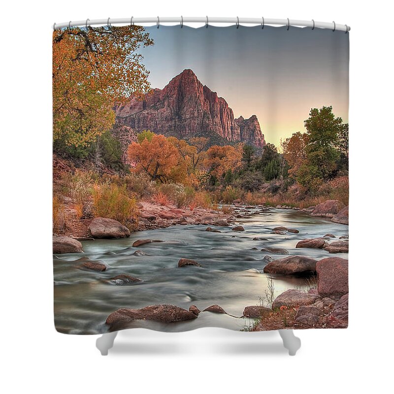 Landscape Shower Curtain featuring the photograph Virgin River and The Watchman by Greg Nyquist