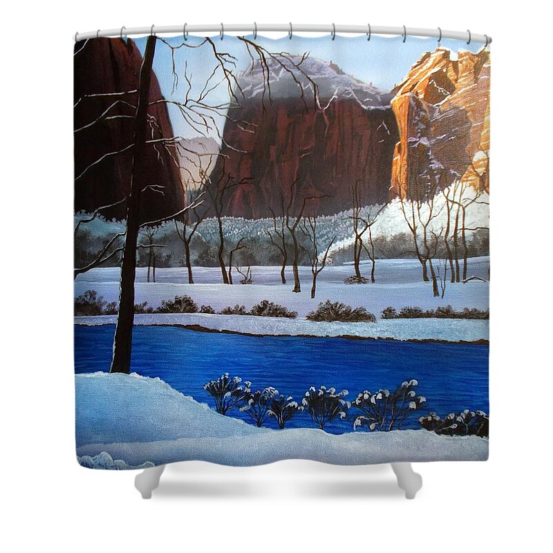 Utah Shower Curtain featuring the painting Virgin Snow ZION by Jerry Bokowski