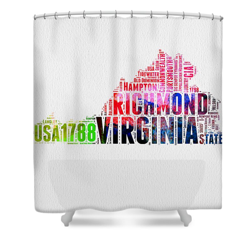 Virginia Shower Curtain featuring the digital art Virginia Watercolor Word Map by Naxart Studio