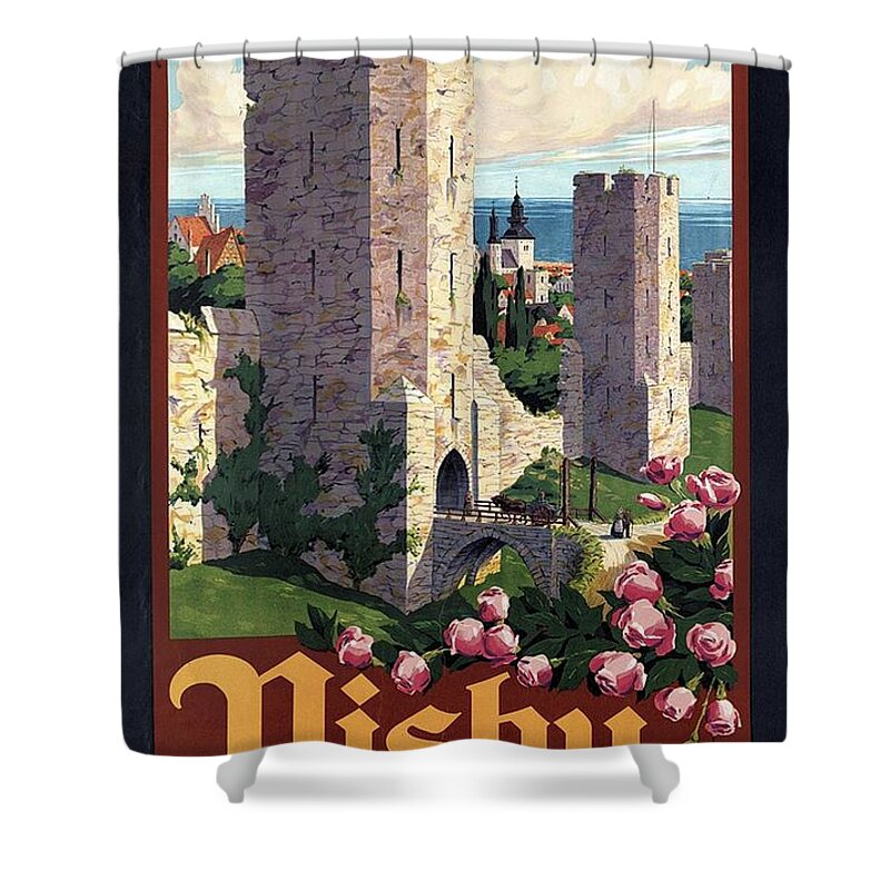 Visby Shower Curtain featuring the mixed media Visby, Gotland, Sweden - Town of Ruins and Roses - Retro travel Poster - Vintage Poster by Studio Grafiikka