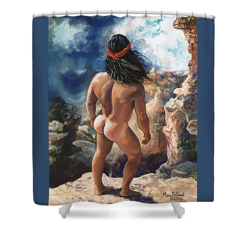 Native American Shower Curtain featuring the painting Vision Quest by Marc DeBauch