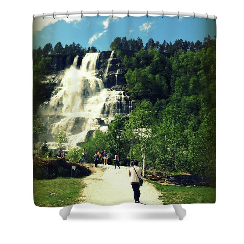 Color Photograph Of Tvindefossen Falls Shower Curtain featuring the photograph Visit to Tvindefossen Falls by Susan Lafleur